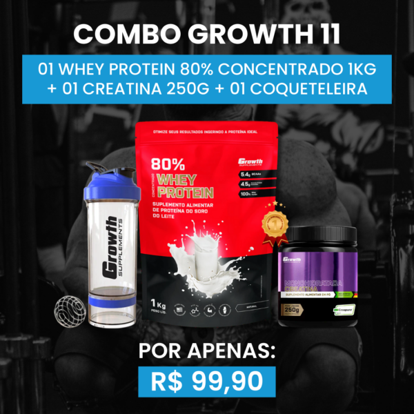 [COMBO 11] 01 WHEY PROTEIN 80% CONCENTRADO 1KG + 01 CREATINA MONOHIDRATADA 250G + 01 COQUETELEIRA