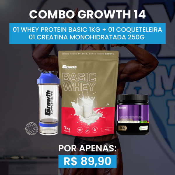 [COMBO 14] 01 WHEY PROTEIN BASIC 1KG + 01 CREATINA MONOHIDRATADA 250G + 01 COQUETELEIRA