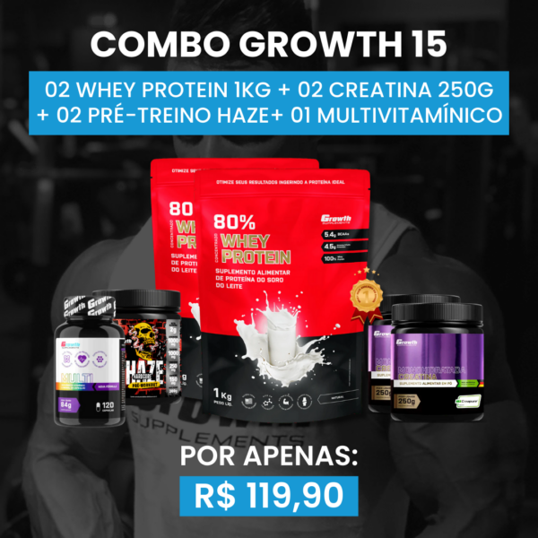 [COMBO 15] 02 WHEY PROTEIN 80% CONCENTRADO 1KG + 02 CREATINA MONOHIDRATADA 250G + 01 PRÉ-TREINO HAZE 300G + 01 MULTIVITAMÍNICO (120 CAPS)