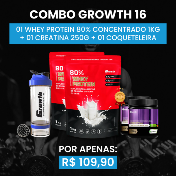 [COMBO 16] 02 WHEY PROTEIN 80% CONCENTRADO 1KG + 02 CREATINA MONOHIDRATADA 250G + 01 COQUETELEIRA