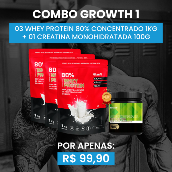 [COMBO 1] 03 WHEY PROTEIN 80% CONCENTRADO 1KG + 01 CREATINA MONOHIDRATADA 100G