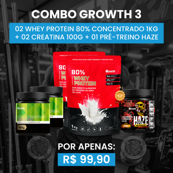 [COMBO 3] 02 WHEY PROTEIN 80% CONCENTRADO 1KG + 02 CREATINA MONOHIDRATADA 100G + 01 PRÉ-TREINO HAZE 300G