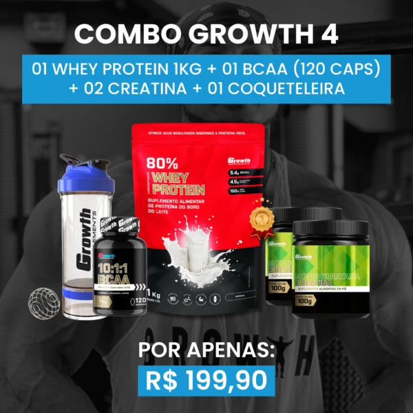 [COMBO 4] 01 WHEY PROTEIN 80% CONCENTRADO 1KG + 02 CREATINA MONOHIDRATADA 100G + 01 BCAA (120 CAPS) + 01 COQUETELEIRA