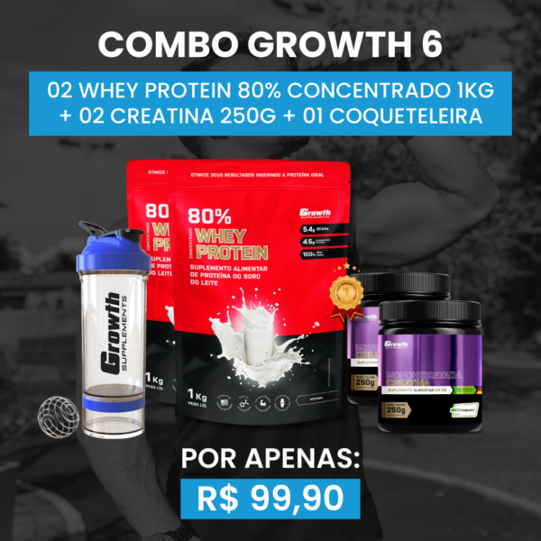 [COMBO 6] 02 WHEY PROTEIN 80% CONCENTRADO 1KG + 02 CREATINA MONOHIDRATADA 250G + 01 COQUETELEIRA