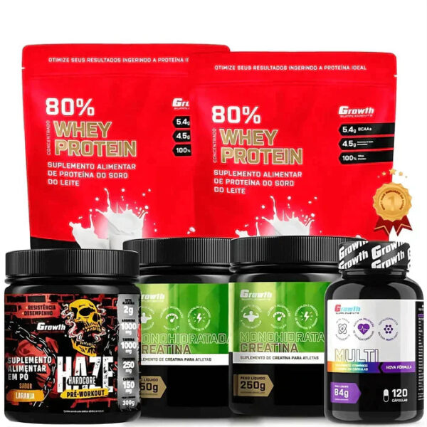 (ÚLTIMO DIA DE PROMOÇÃO) - Kit 2 Whey 1kg + 2 Creatinas 250g + Pré-Treino Haze 300g + Multivitamínico 120caps