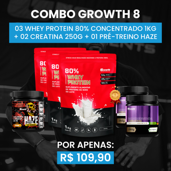 [COMBO 8] 03 WHEY PROTEIN 80% CONCENTRADO 1KG + 02 CREATINA MONOHIDRATADA 250G + 01 PRÉ-TREINO HAZE 300G